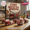 Fire Rescue Advent Calendar 2026 featuring toy fire trucks and rescue vehicles displayed on a wooden table.