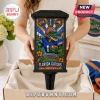 Florida Gators NCAA Solar Garden Light featuring a stained-glass style gator mascot holding a football in a black frame.