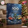 Perspective view of a Ford Australia 100 Years Ornament Advent Calendar box featuring classic car illustrations.