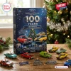 Front view of a Ford Australia 100 Years Ornament Advent Calendar box with miniature toy car ornaments on a wooden table.