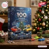Front view of Ford Australia 100 Years Ornament Advent Calendar box with miniature toy car ornaments on wooden table.