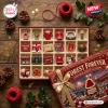 Top-down view of an open Forest Forever Christmas Advent Calendar revealing 24 small red and white football-themed trinkets.