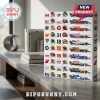 Formula 1 Diecast Car Advent Calendar with racing helmet icons and miniature vehicle illustrations on a white background.