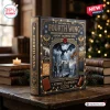 Front angle view of a dark blue Fourth Wing 2026 Advent Calendar box with dragon and castle illustrations on a table.