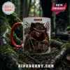 Freddy Krueger Never Sleep Again Red Handle Mug featuring horror movie graphics on a white ceramic surface outdoors.