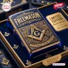Freemason Limited Edition Lighter Case in navy blue and gold with a square and compass G emblem on a velvet display box.
