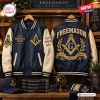 Front and back view of a blue and cream Freemason Premium Varsity Baseball Jacket with square and compass embroidery.