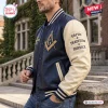 Side view of a Freemason premium varsity baseball jacket with a square and compass emblem on the chest.
