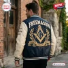 Back view of a blue and beige Freemason premium varsity baseball jacket with embroidered Masonic square and compass.