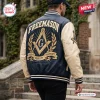 Back view of a person wearing a navy and cream Freemason Premium Varsity Baseball Jacket with Masonic embroidery.