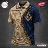 Front view of a Freemasonry Brotherhood Premium Polo Shirt featuring a split tan and blue design with chain accents.