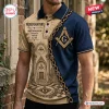 Front view of a split-design polo shirt featuring Masonic symbols, a golden chain, and checkerboard floor patterns.