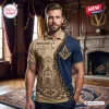 Front view of a man wearing a Freemasonry Brotherhood Premium Polo Shirt with gold chain and temple graphic details.