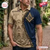 Front view of a polo shirt featuring a Freemasonry Brotherhood design with square and compass symbols and chain graphics.