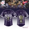 Front and back views of the purple Fremantle Dockers AFL 2026 Champions Baseball Jersey featuring trophy graphics.