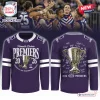 Front and back view of the Fremantle Dockers AFL 2026 Premiers Hockey Jersey with trophy graphics.