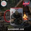 Friday the 13th Jason Voorhees Horror Accent Mug with red handle, featuring a Camp Crystal Lake sign and bloody mask art.