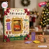 Front view of a Friends 32nd Anniversary Advent Calendar featuring gold frame, holiday lights, and decorative ornaments.