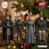 Game of Thrones Advent Calendar 2026 features four miniature character ornaments hanging on a decorated Christmas tree.