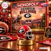 Front view of Georgia Bulldogs Collector Edition Monopoly game featuring a red football helmet token on a wooden table.
