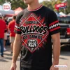 Front view of a black t-shirt featuring Georgia Bulldogs text, a mascot graphic, and red football-themed sleeve accents.