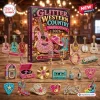 Front view of the Glitter Western Country Advent Calendar 2026 box surrounded by sparkly miniature country music items.