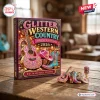 Front view of Glitter Western Country Advent Calendar 2026 box with matching charms on a table.