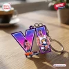 Front view of a custom shape acrylic keychain featuring purple VI letters, characters, and an orange car.