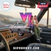 Grand Theft Auto VI Lucia and Jason Christmas ornament featuring the duo on a silver car with a purple VI logo.