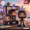 Front view of a Grand Theft Auto VI Lucia Funko Pop vinyl figure posed next to its branded display box on a beach table.