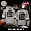 Gray School Mascot striped sleeve hoodie and matching sweatshirt with black text in a sports locker room setting.