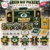 Front view of a Green Bay Packers deluxe poker set including a carry case, poker chips, playing cards, and dealer button.