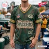 Front view of a distressed Green Bay Packers football t-shirt with a vintage look and torn fabric edges.
