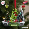 Front view of a Grinch couple Christmas ornament with personalized names and festive holiday text.