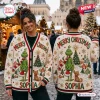 Front and back view of a cream holiday cardigan featuring a green character, Christmas trees, and personalized name text.