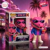Front view of Leonida Gator pink vinyl figure standing next to its branded display box in a neon sunset setting.