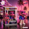 Front and side view of Leonida Gator pink vinyl figure standing next to its branded display box in a neon sunset setting.