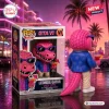 Rear view of the Leonida Gator vinyl figure holding a cocktail next to its branded display box in a neon street setting.