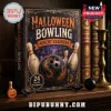 Halloween Bowling Ornament Advent Calendar 2026 box with a marble bowling ball and pins, set against vintage library books.