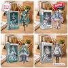 Four panel view of different Hatsune Miku 20th Anniversary Action Figure styles displayed next to packaging boxes on a wooden desk.