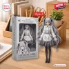 Front view of Hatsune Miku 20th Anniversary Action Figure with long grey twin tails standing beside its illustrated packaging box.