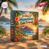 Front view of the Hawaiian Odd Friends Advent Calendar box resting on sandy beach at sunset.