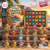 Front view of Hawaiian Odd Friends Advent Calendar box and twenty-four miniature figures on wooden steps.