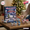 Hello Kitty MLB 2026 Season Advent Calendar box with miniature baseball-themed Hello Kitty figurines on a wooden table.