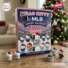 Hello Kitty x MLB Advent Calendar 2026 box with baseball-themed illustrations, figurines, and holiday stadium graphics.