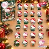 Front view of Hello Kitty x Starbucks 2026 Advent Calendar box and twenty four acrylic charms on wooden table.
