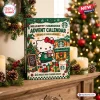 Front view of Hello Kitty x Starbucks 2026 Advent Calendar on a wooden mantelpiece with holiday decor.