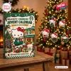 Front view of Hello Kitty x Starbucks 2026 Advent Calendar box on a wooden table with hanging charms.