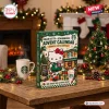 Front view of Hello Kitty x Starbucks 2026 Advent Calendar on a wooden table near a decorated tree.