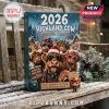 Highland Cow Christmas Advent Calendar 2026 box with festive illustrations and a matching vinyl figure on a snowy bench.
